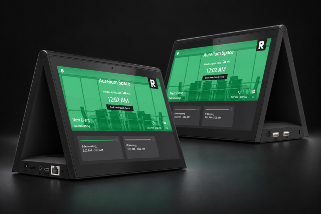 Produktvisualisierung: Zwei Ansichten des HXA Dual-Screen-Tischdisplays