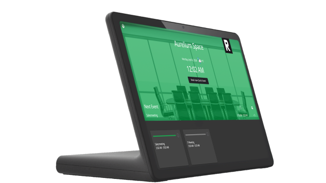 Produktvisualisierung: HXA Tischdisplay mit integriertem Standfuß und Room-Booking-Oberfläche